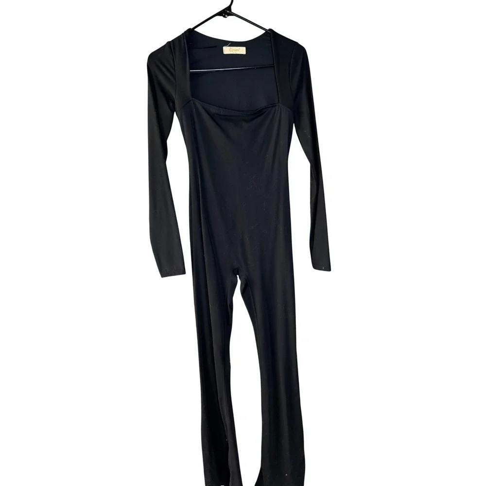 Qinsen Black Flare Long Sleeve Jumpsuit Square Neck Size S